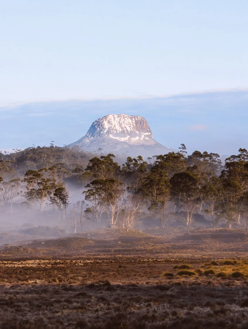 Barn Bluff rising above a misty plain in early morning light