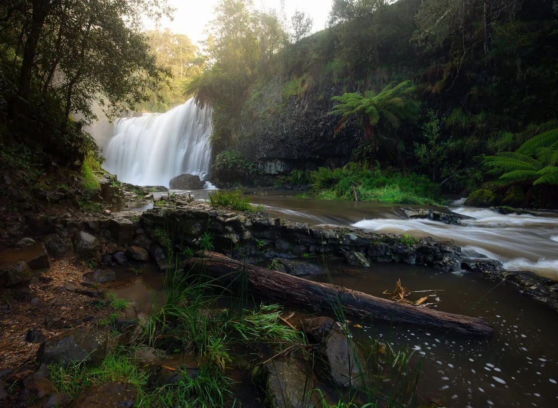 Water spilling over the rocks at Guide Falls, surrounded by greenery