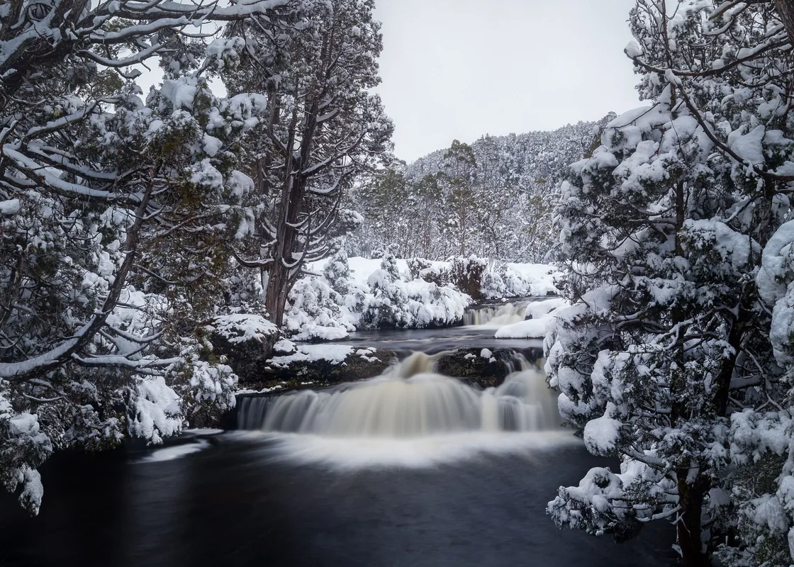 A snow-covered forest and cascading river at Pencil Pine